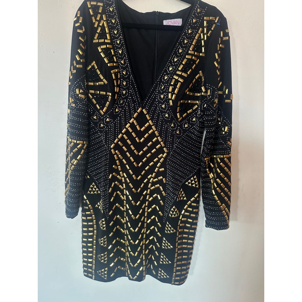 Jovani Black Gold Studded Rhinestone Long Sleeve Deep V-Neck Mini Dress Bodycon